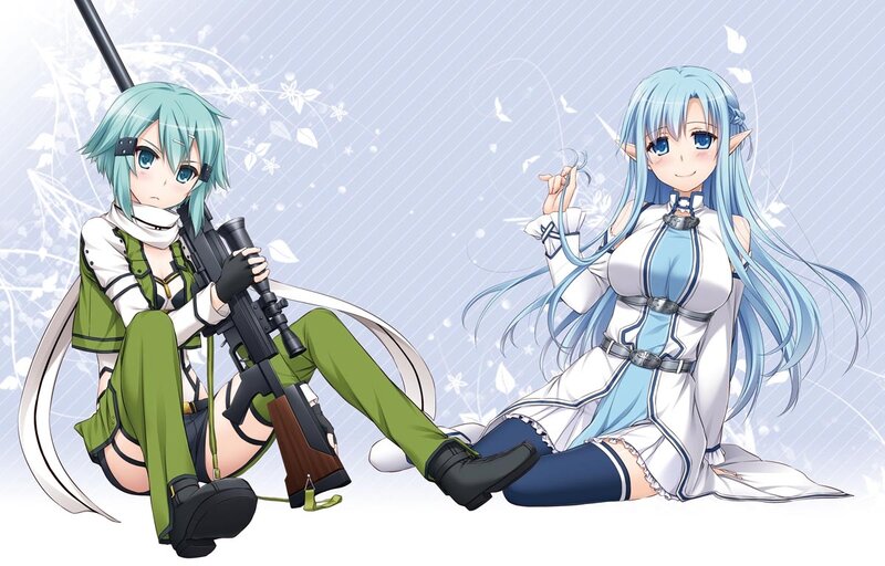 Two Anime Girls Sitting — Blue, Calm, Gun