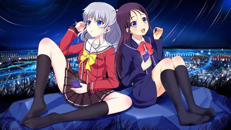 Two Anime Girls Sitting — Blue, Calm, Night, City Lights