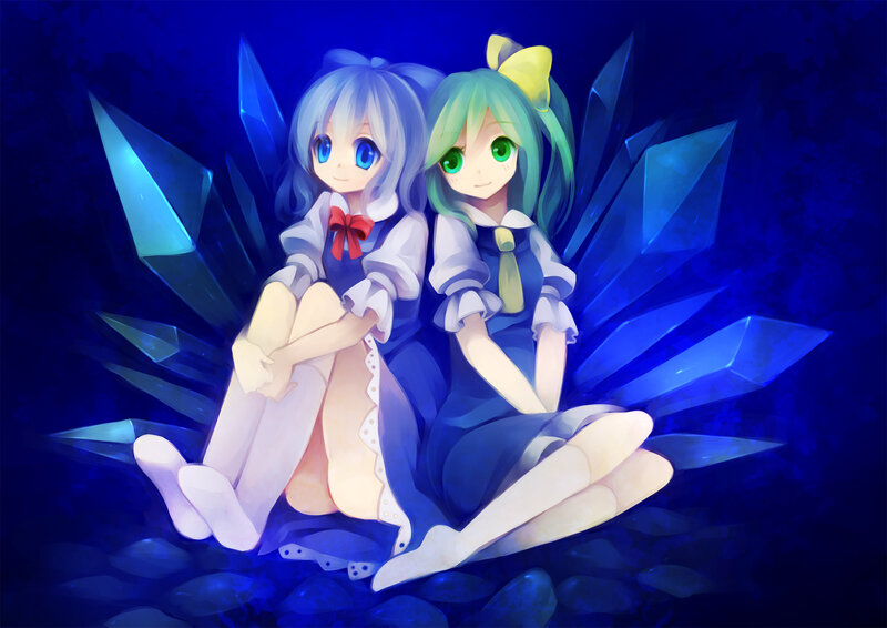 Two Anime Girls Sitting — Blue, Calm, Night