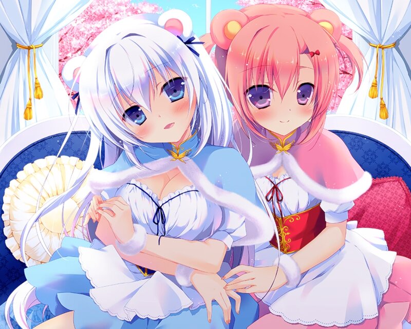 Two Anime Girls Sitting — Blue, Calm, Spring