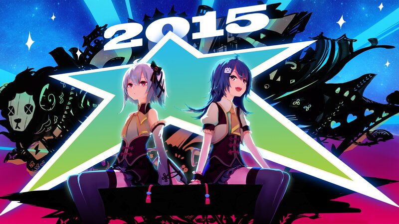 Two Anime Girls Sitting — Blue, Celebratory
