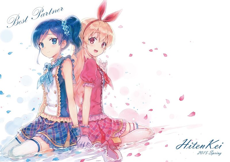 Two Anime Girls Sitting — Blue, Cheerful, Spring