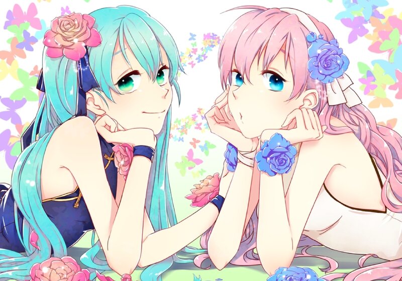 Two Anime Girls Sitting — Blue, Cheerful