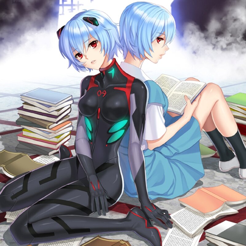 Two Anime Girls Sitting — Blue, Dramatic, Books
