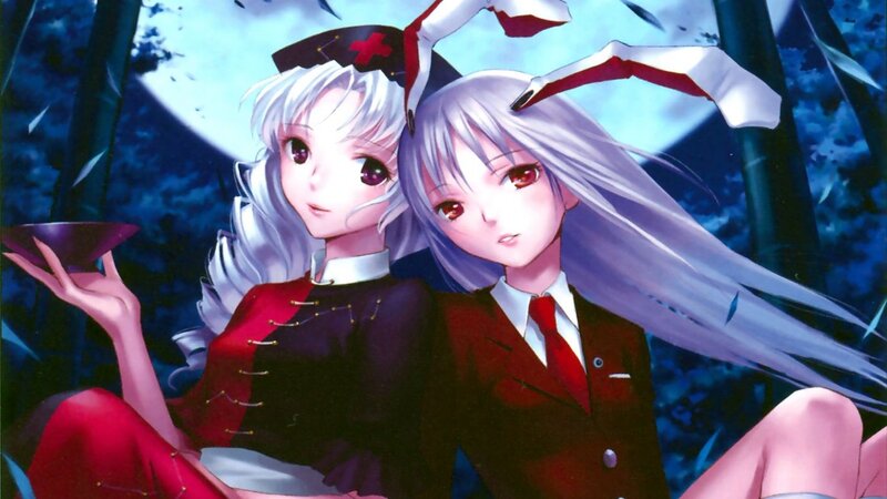 Two Anime Girls Sitting — Blue, Dramatic, Night