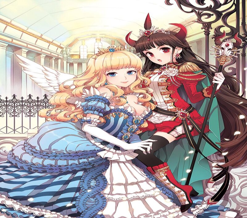 Two Anime Girls Sitting — Blue, Dramatic, Wings