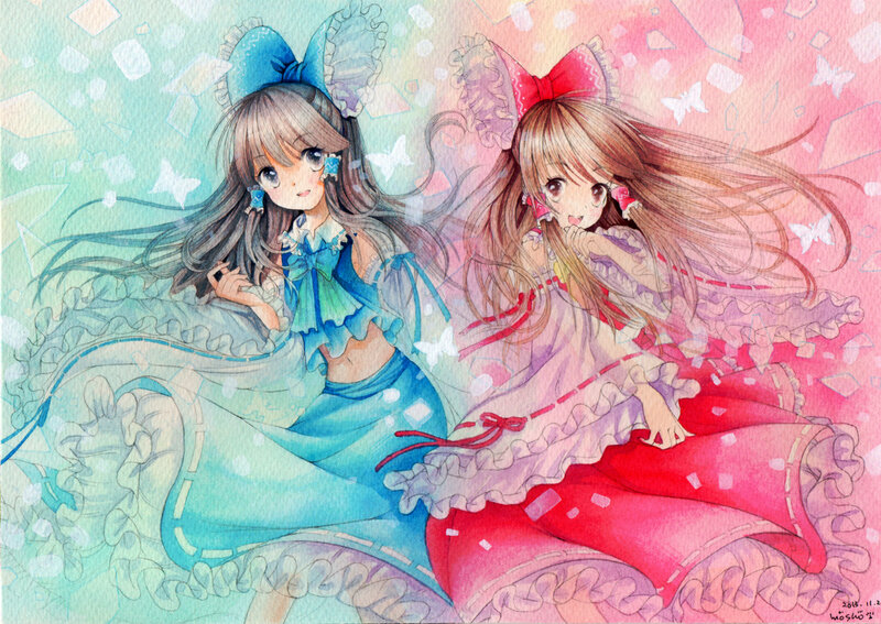 Two Anime Girls Sitting — Blue, Dreamy