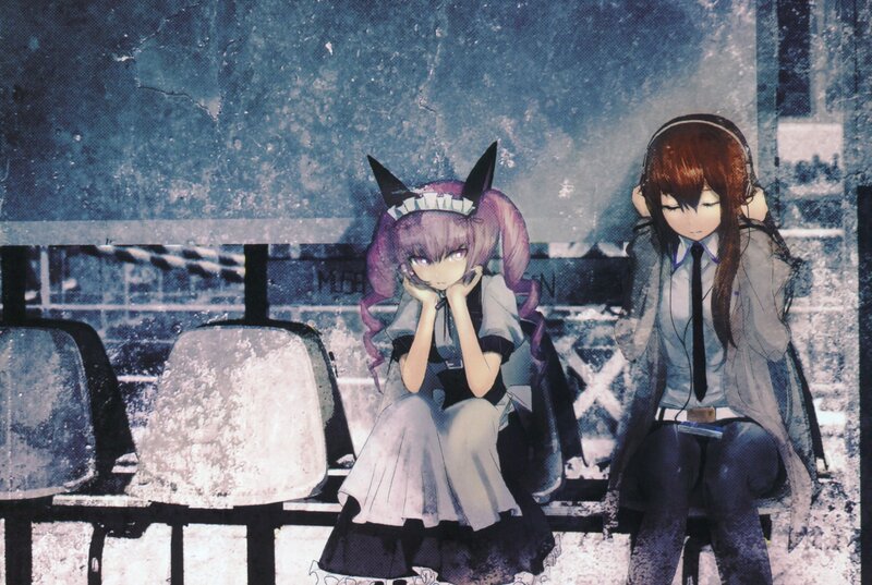 Two Anime Girls Sitting — Blue, Melancholic, Headphones
