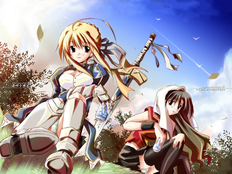 Two Anime Girls Sitting — Blue, Peaceful