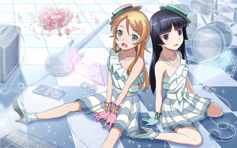 Two Anime Girls Sitting — Blue, Playful, Guitar