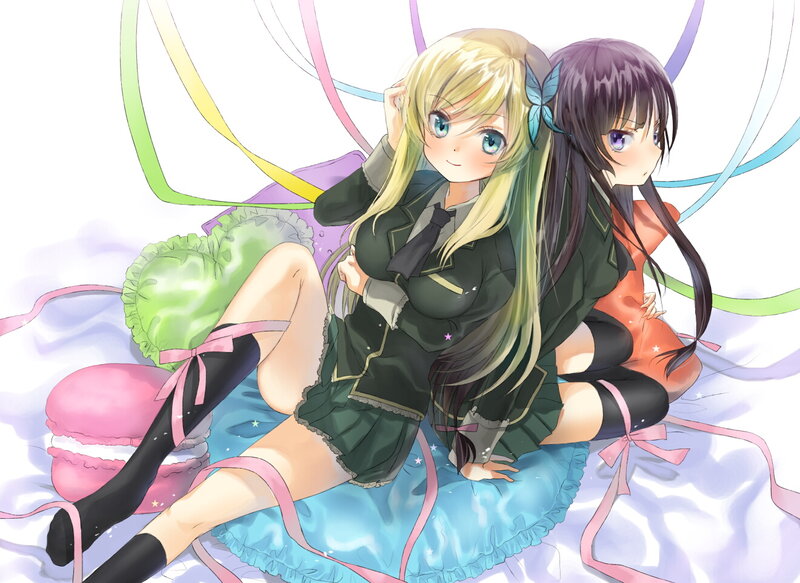 Two Anime Girls Sitting — Blue, Playful, Ribbons