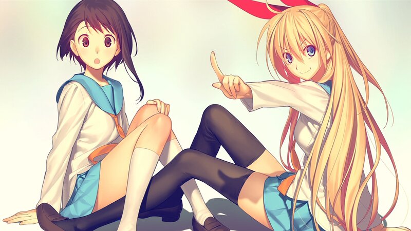 Two Anime Girls Sitting — Blue, Playful, School Uniforms