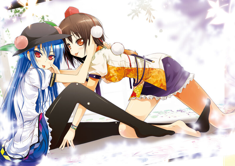 Two Anime Girls Sitting — Blue, Playful, Spring