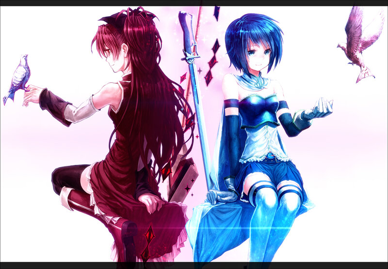 Two Anime Girls Sitting — Blue, Serene, Birds