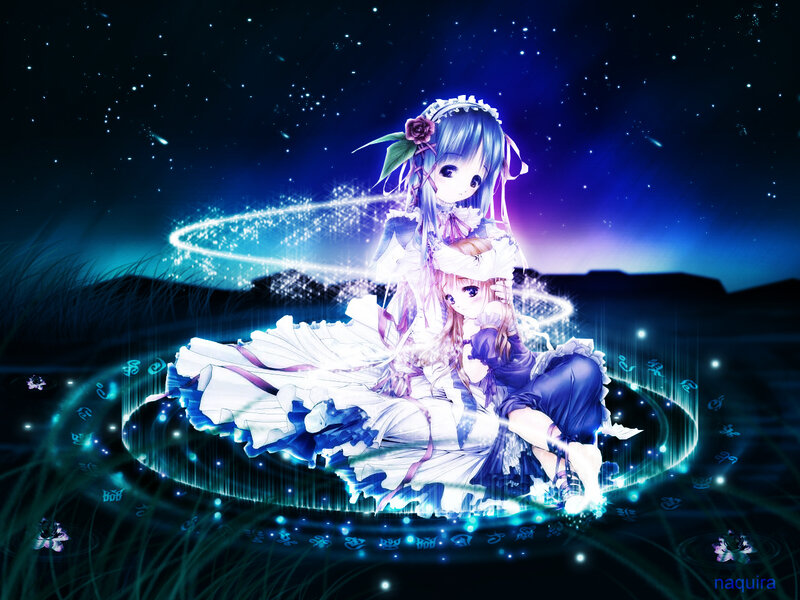 Two Anime Girls Sitting — Blue, Serene, Night