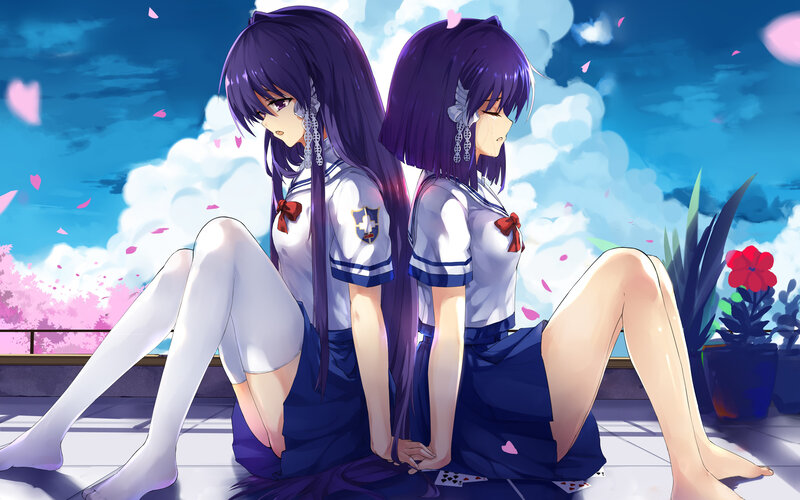Two Anime Girls Sitting — Blue, Serene, Spring, School Uniforms
