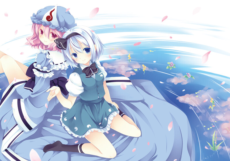 Two Anime Girls Sitting — Blue, Serene, Spring
