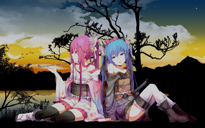 Two Anime Girls Sitting — Blue, Serene, Sunset
