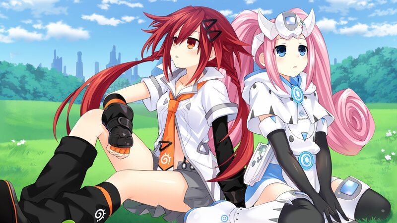 Two Anime Girls Sitting — Green, Calm, Afternoon, Grass Field