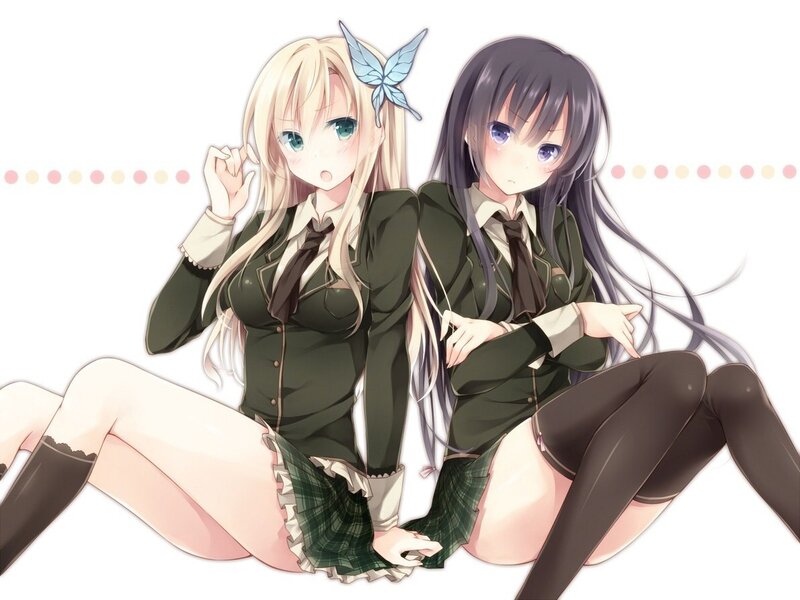 Two Anime Girls Sitting — Green, Calm, School Uniforms