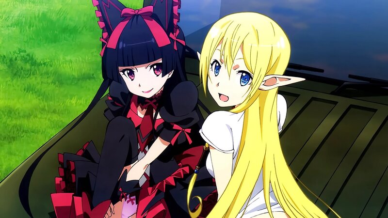 Two Anime Girls Sitting — Green, Calm, Sunset
