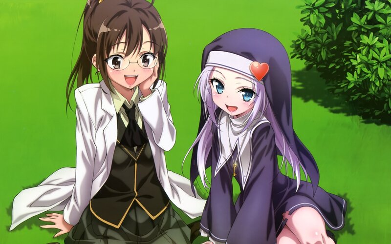 Two Anime Girls Sitting — Green, Cheerful