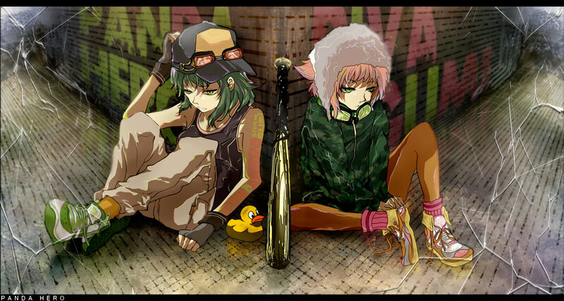Two Anime Girls Sitting — Green, Dramatic, Digital Art, Baseball Bat