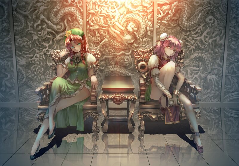 Two Anime Girls Sitting — Green, Dramatic, Digital Art, Chairs, Table