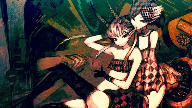 Two Anime Girls Sitting — Green, Dramatic, Digital Art, Checkered Pattern