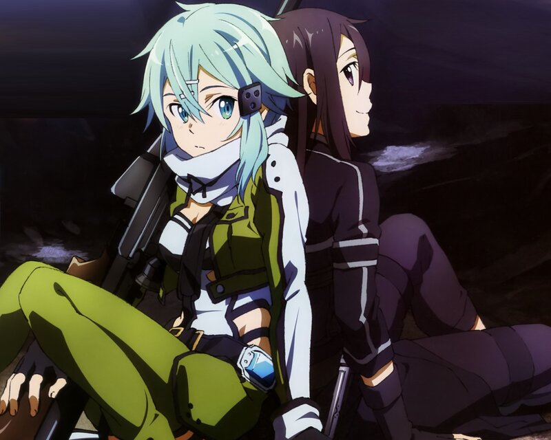 Two Anime Girls Sitting — Green, Dramatic, Night