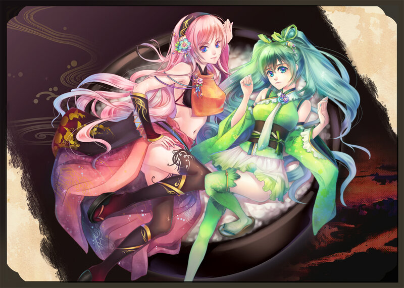 Two Anime Girls Sitting — Green, Dramatic