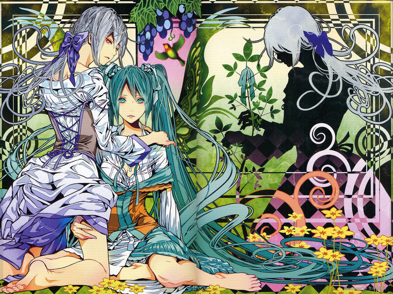 Two Anime Girls Sitting — Green, Dreamy