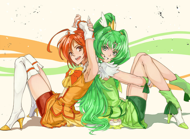 Two Anime Girls Sitting — Green, Playful, Costumes