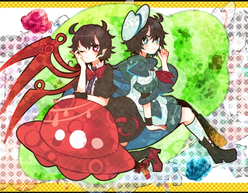 Two Anime Girls Sitting — Green, Playful, Mushroom
