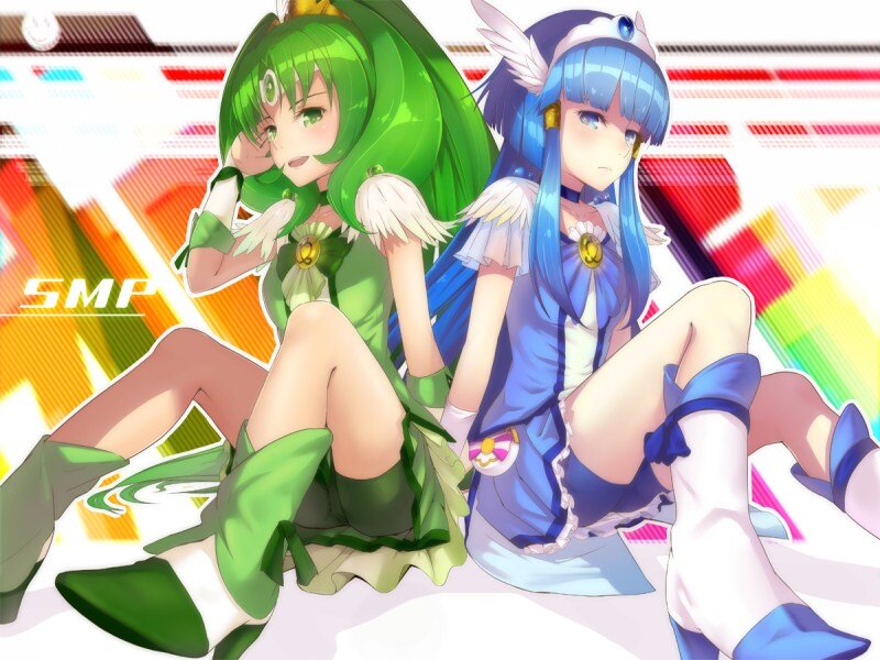 Two Anime Girls Sitting — Green, Playful