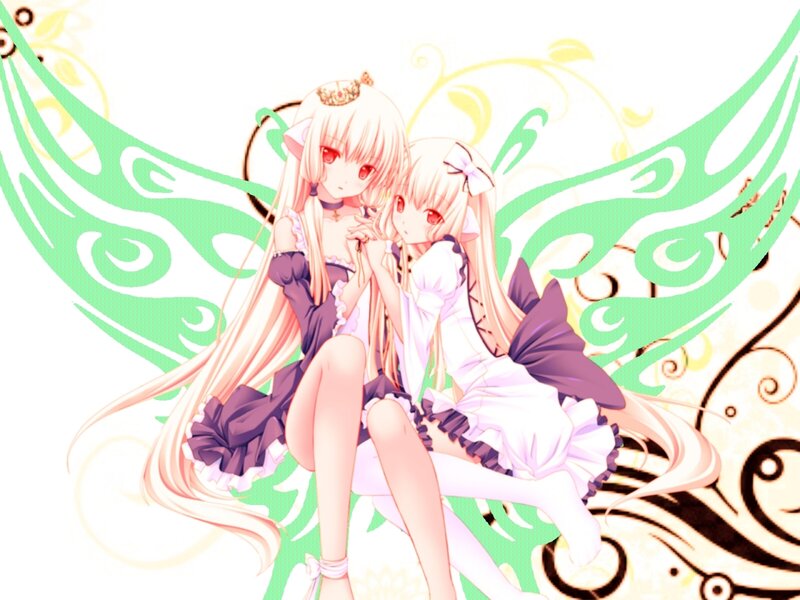 Two Anime Girls Sitting — Green, Whimsical