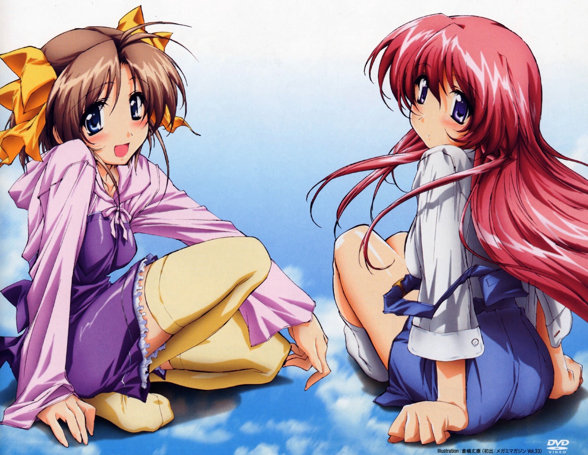 Two anime girls sitting on clouds