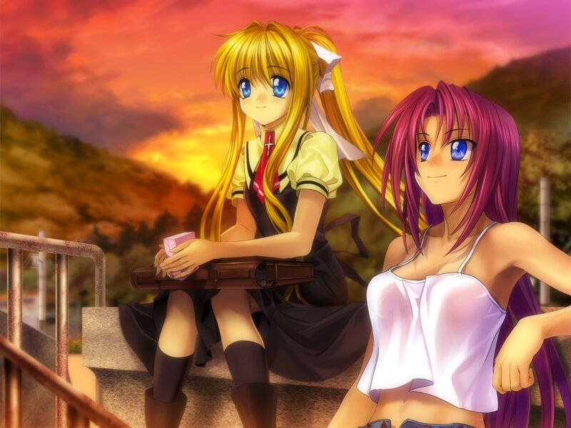 Two Anime Girls Sitting — Orange, Calm, Sunset