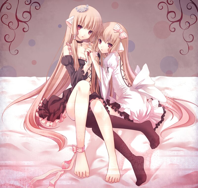 Two Anime Girls Sitting — Pink, Calm, Bed