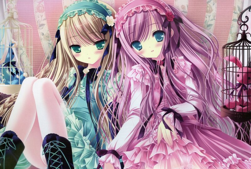 Two Anime Girls Sitting — Pink, Calm, Birdcages, Dolls