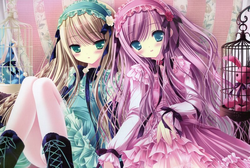 Two Anime Girls Sitting — Pink, Calm, Birdcages, Stuffed Animals