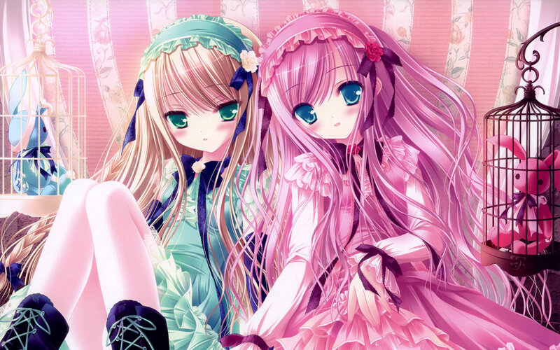 Two Anime Girls Sitting — Pink, Calm, Birdcages