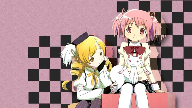 Two Anime Girls Sitting — Pink, Calm, Cat, Checkered Wall