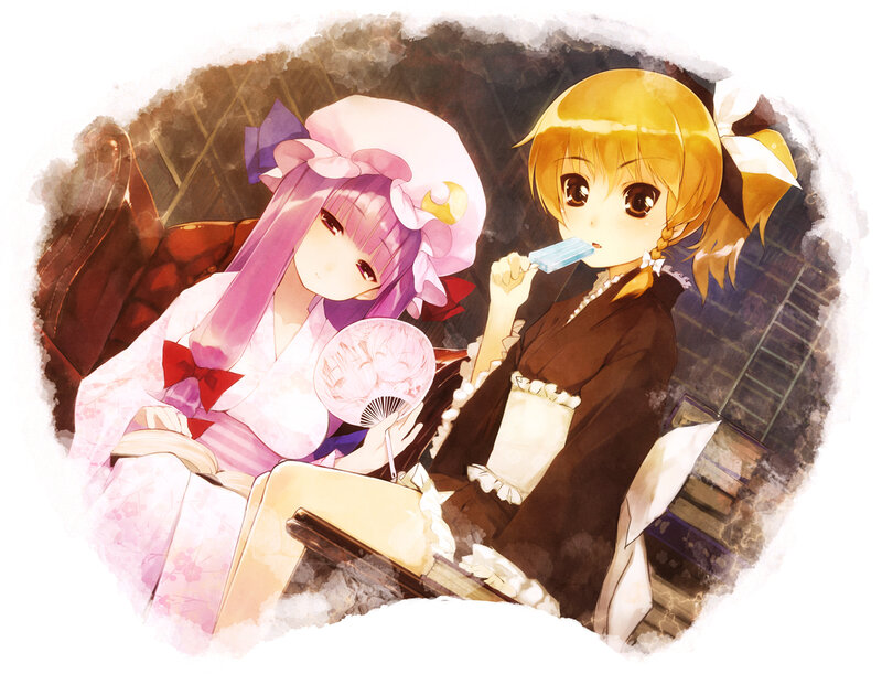 Two Anime Girls Sitting — Pink, Calm, Kimono