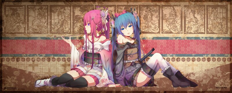 Two Anime Girls Sitting — Pink, Calm, Kimonos, Swords