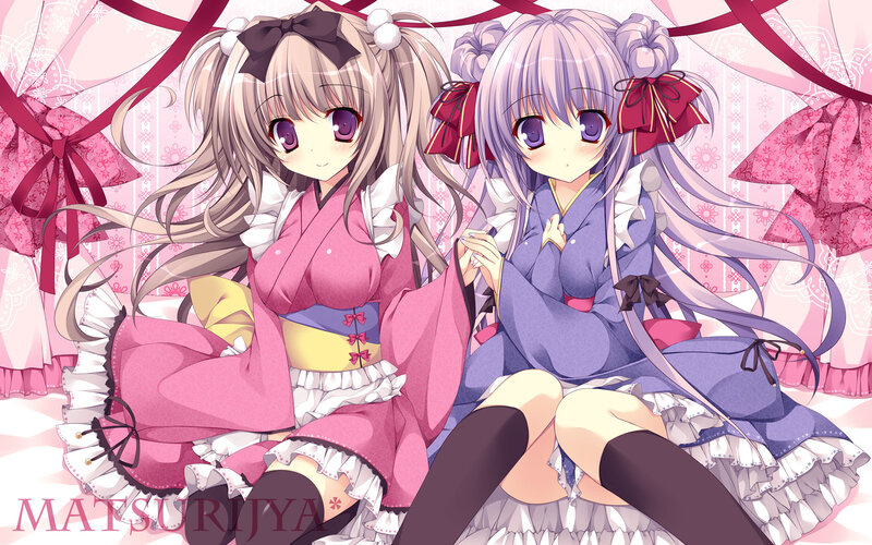 Two Anime Girls Sitting — Pink, Calm, Kimonos