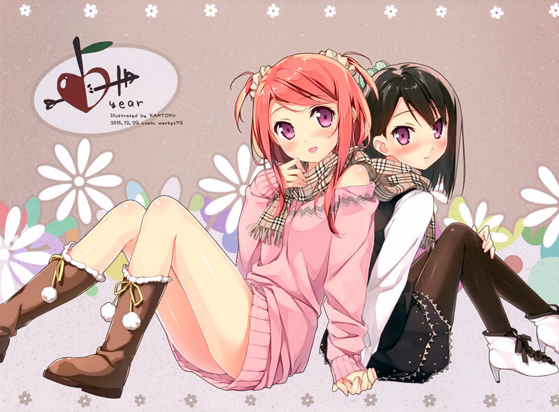 Two Anime Girls Sitting — Pink, Calm, Winter