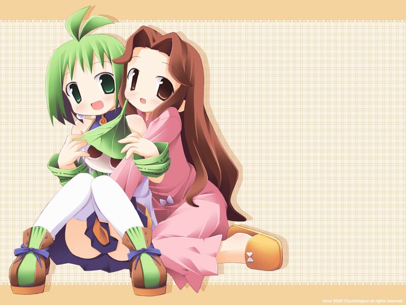 Two Anime Girls Sitting — Pink, Cheerful, Green Hair, Brown Hair