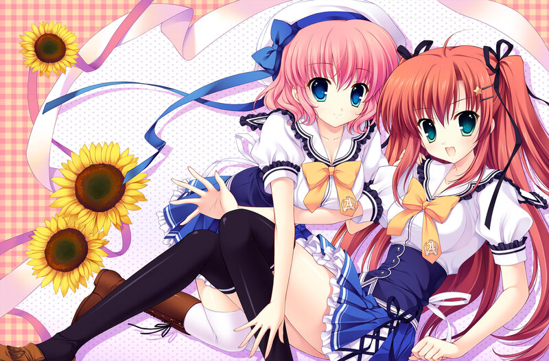 Two Anime Girls Sitting — Pink, Cheerful, Summer