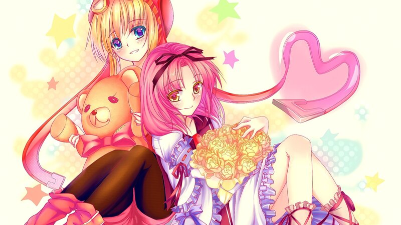 Two Anime Girls Sitting — Pink, Cheerful, Teddy Bear
